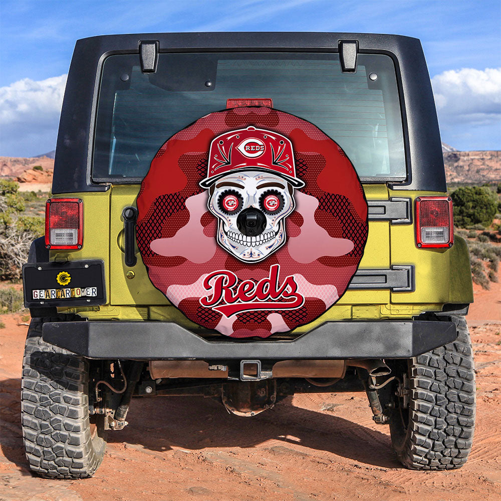 Cincinnati Reds Spare Tire Covers Camera Hole Skull Theme Collection - Gearcarcover - 3
