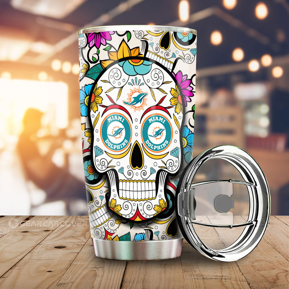Miami Dolphins Tumbler Cup Custom Sugar Skull Car Accessories - Gearcarcover - 1
