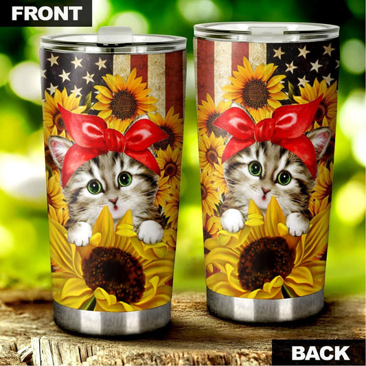 Cat Sunflower Tumbler Stainless Steel Custom American Flag - Gearcarcover - 2