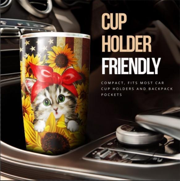 Cat Sunflower Tumbler Stainless Steel Custom American Flag - Gearcarcover - 3