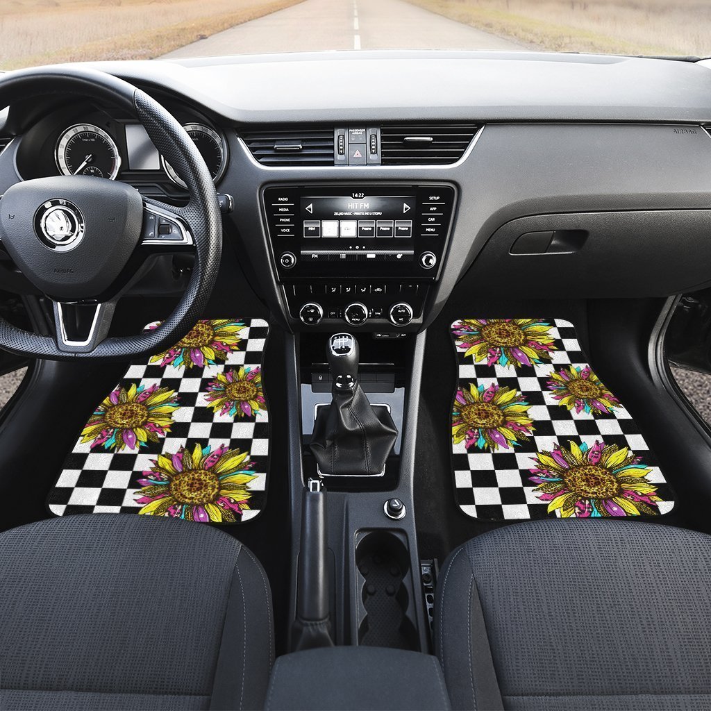 Checkerboard Sunflower Car Floor Mats Custom Leopard Car Accessories - Gearcarcover - 4