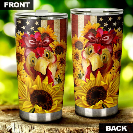 Chicken Sunflower Tumbler Stainless Steel Custom American Flag - Gearcarcover - 2