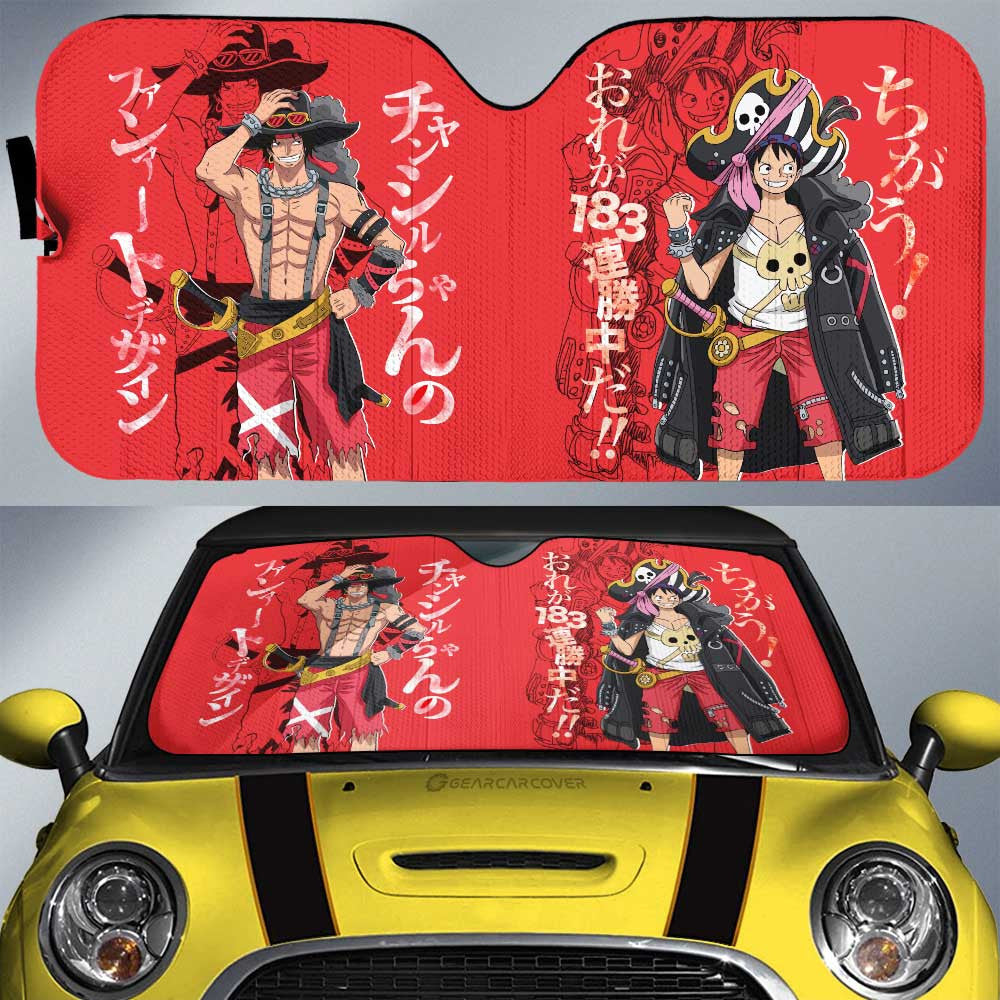 Luffy And Ace Car Sunshade Custom One Piece Red Anime Car Interior Accessories - Gearcarcover - 1