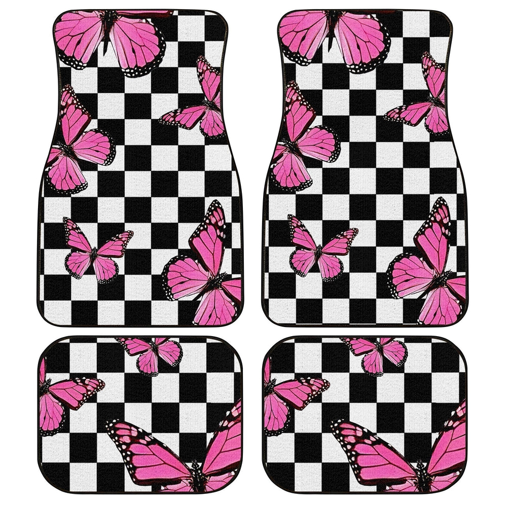 Pink Butterfly Car Floor Mats Custom Checkerboard Car Accessories - Gearcarcover - 1