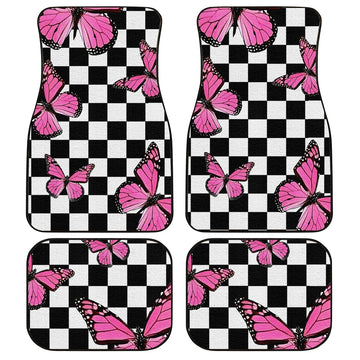 Pink Butterfly Car Floor Mats Custom Checkerboard Car Accessories - Gearcarcover - 1