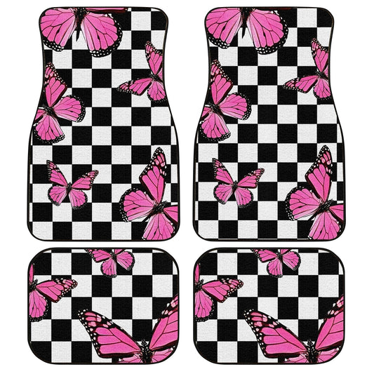 Pink Butterfly Car Floor Mats Custom Checkerboard Car Accessories - Gearcarcover - 1