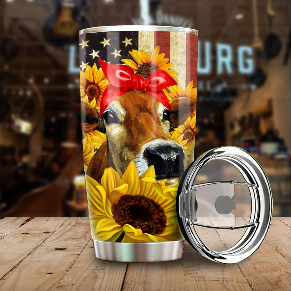 Sunflower Heifer Tumbler Cup Custom American Flag Car Accessories - Gearcarcover - 1