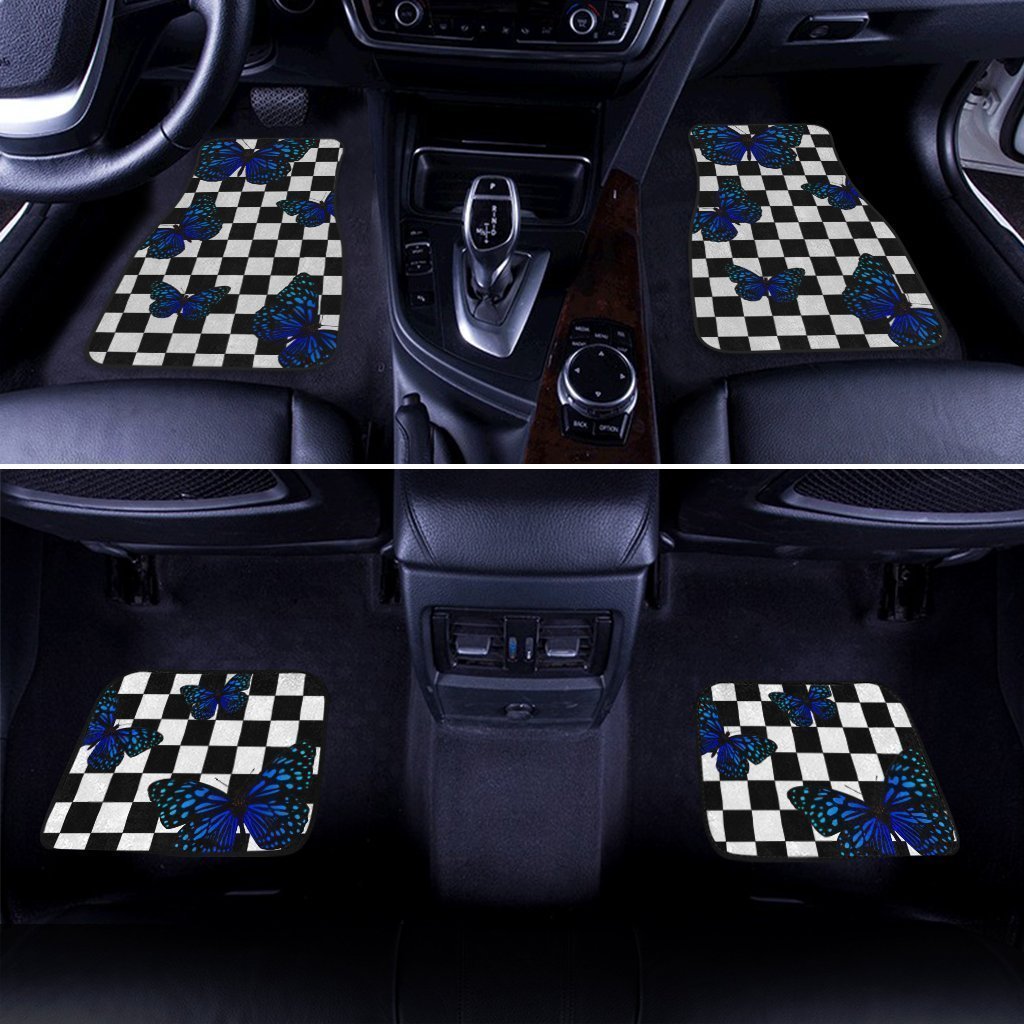 Blue Butterfly Checkerboard Car Floor Mats Custom Car Accessories - Gearcarcover - 3