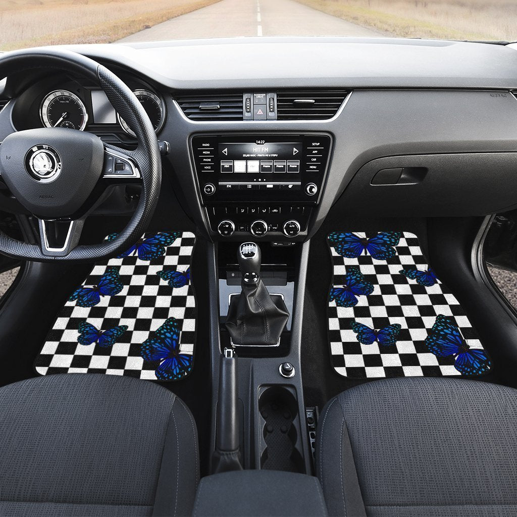 Blue Butterfly Checkerboard Car Floor Mats Custom Car Accessories - Gearcarcover - 4