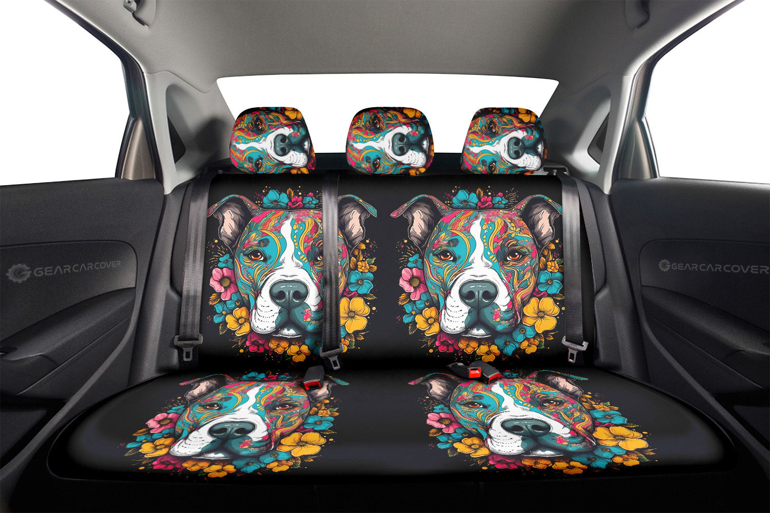 Dog Pitbull Floral Car Back Seat Cover Custom Car Accessories - Gearcarcover - 2