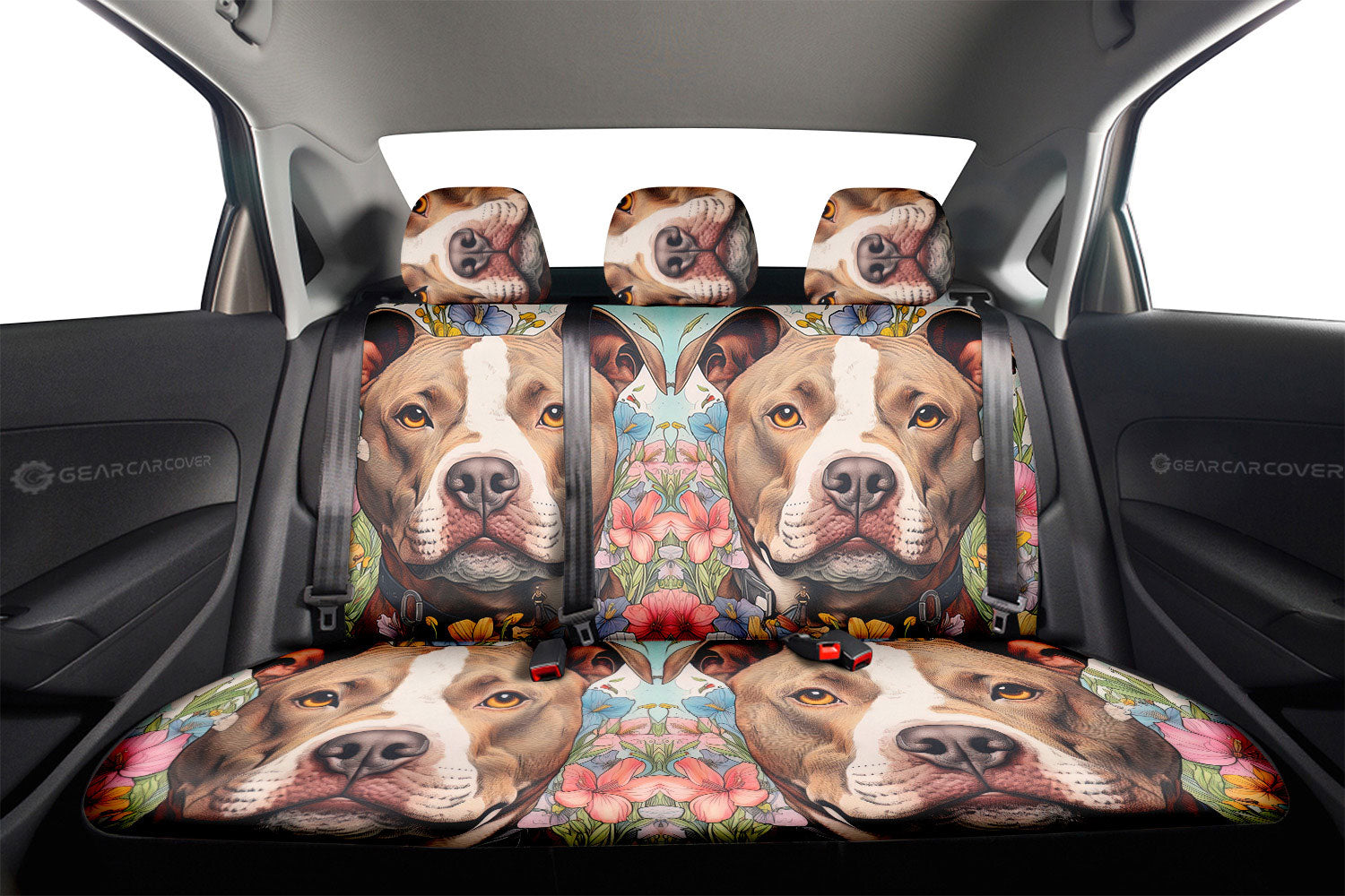 Dog Pitbull Floral Car Back Seat Cover Custom Car Accessories - Gearcarcover - 2