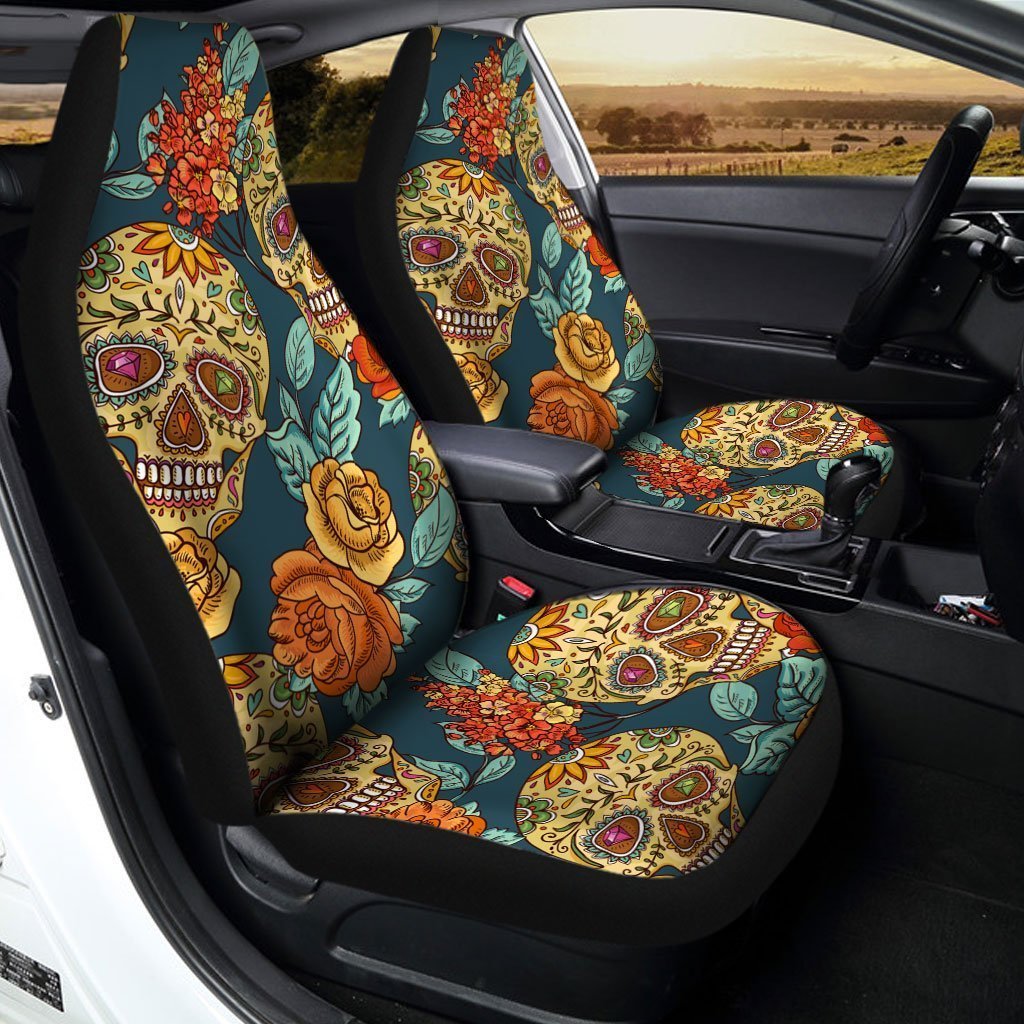 Floral Sugar Skull Car Seat Covers Custom Vintage Style Car Accessories - Gearcarcover - 2