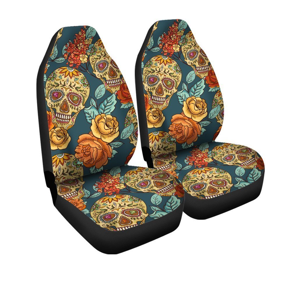 Floral Sugar Skull Car Seat Covers Custom Vintage Style Car Accessories - Gearcarcover - 3