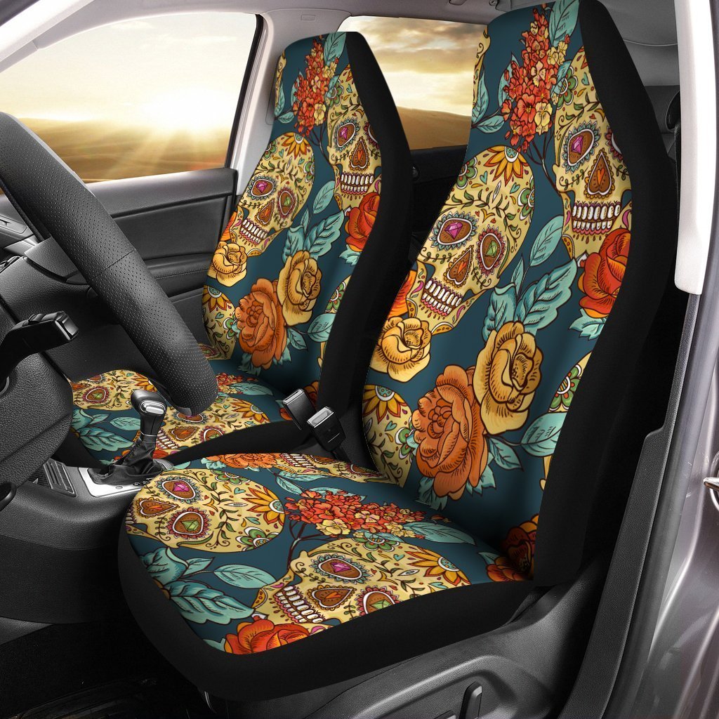 Floral Sugar Skull Car Seat Covers Custom Vintage Style Car Accessories - Gearcarcover - 1