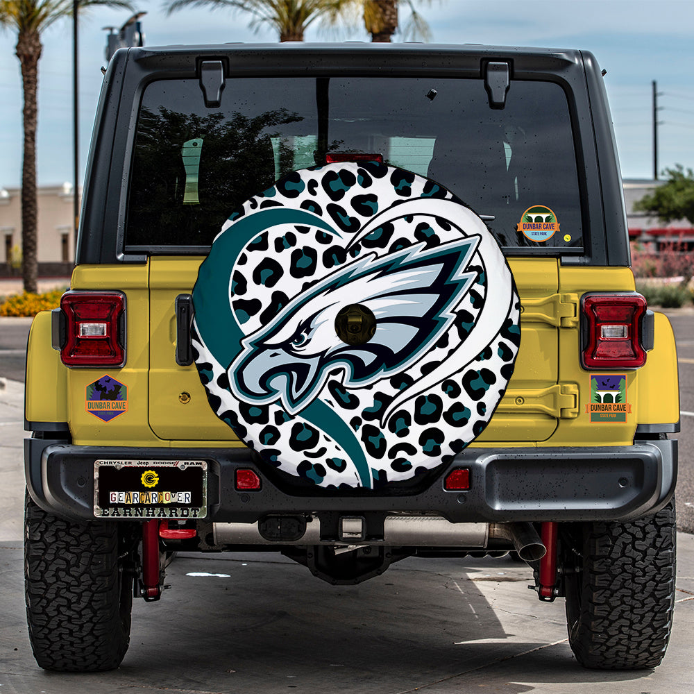 Football Heart Mixed Leopard Spare Tire Cover Philadelphia Eagles With Camera Hole - Gearcarcover - 1