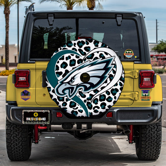 Football Heart Mixed Leopard Spare Tire Cover Philadelphia Eagles With Camera Hole - Gearcarcover - 1