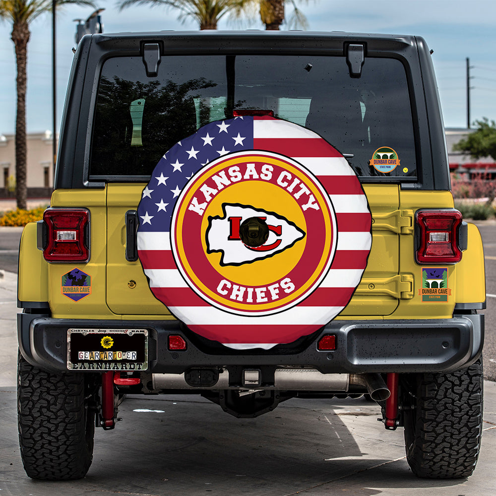 Kansas City Chiefs Mix US Flag Spare Tire Cover With Camera Hole - Gearcarcover - 1