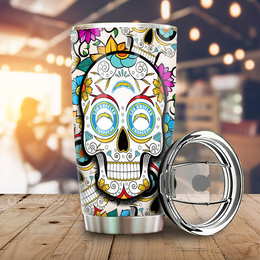 Los Angeles Chargers Tumbler Cup Custom Sugar Skull Car Accessories - Gearcarcover - 1