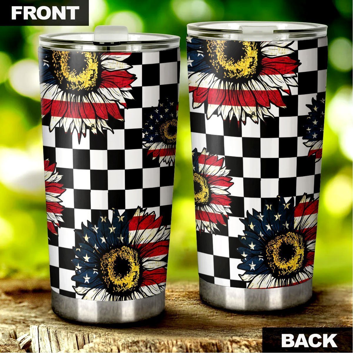 American Flag Sunflower Tumbler Stainless Steel Checkerboard - Gearcarcover - 2