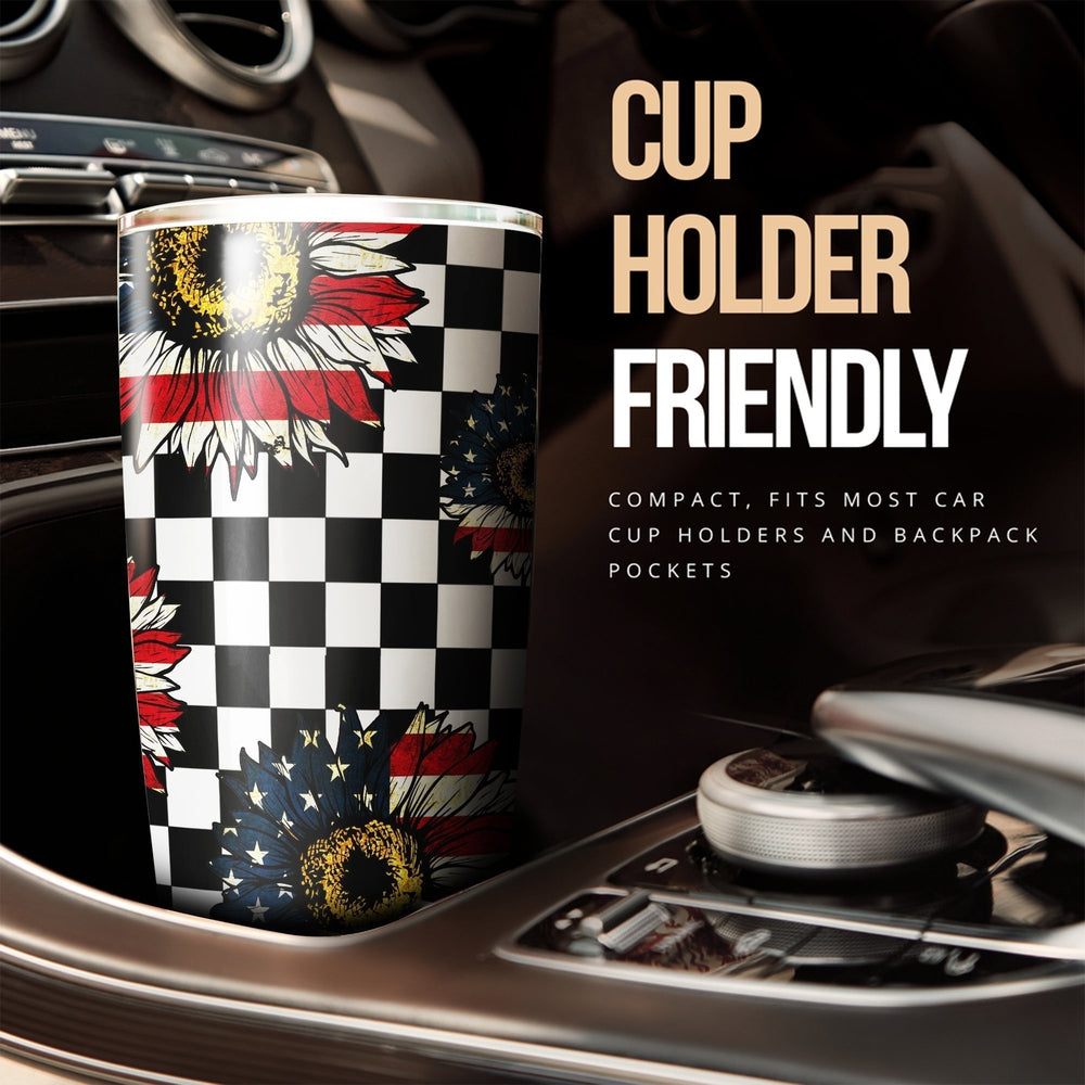 American Flag Sunflower Tumbler Stainless Steel Checkerboard - Gearcarcover - 3
