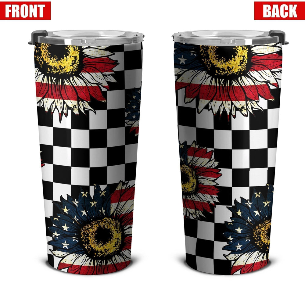 American Flag Sunflower Tumbler Stainless Steel Checkerboard - Gearcarcover - 4