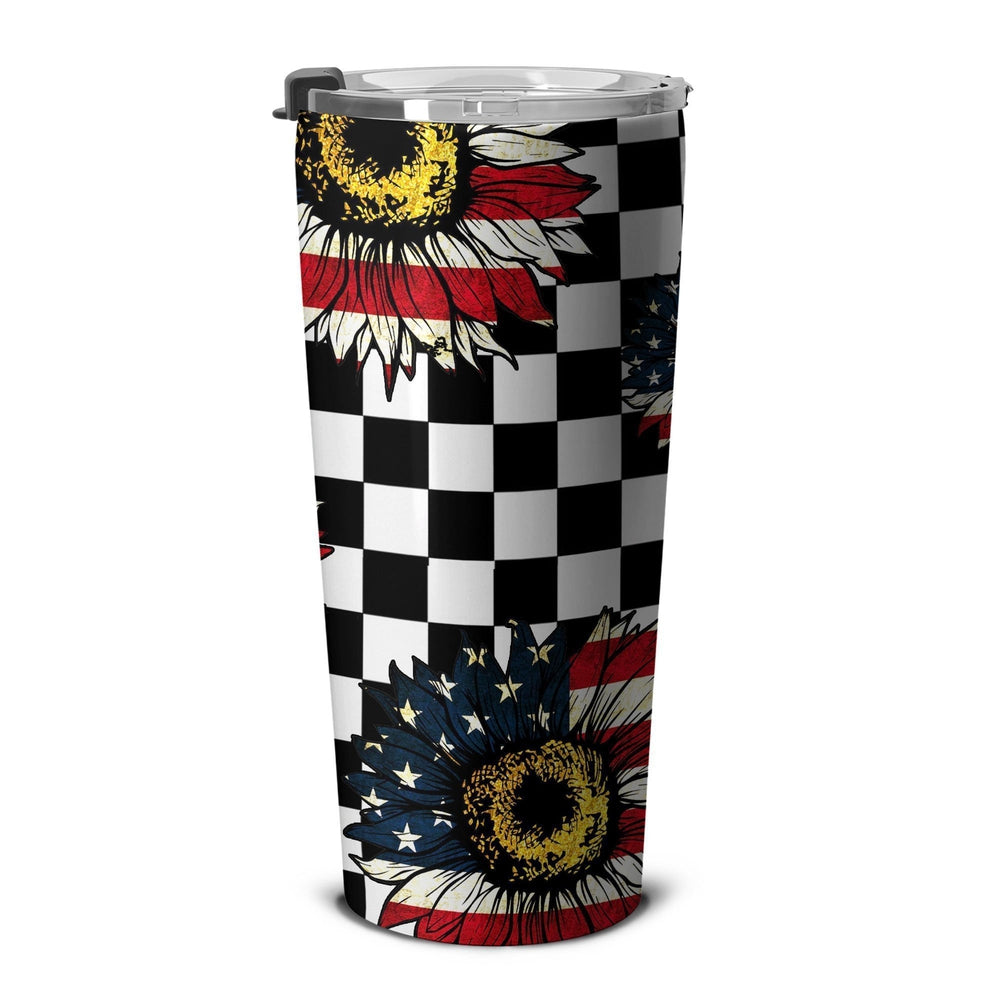 American Flag Sunflower Tumbler Stainless Steel Checkerboard - Gearcarcover - 5