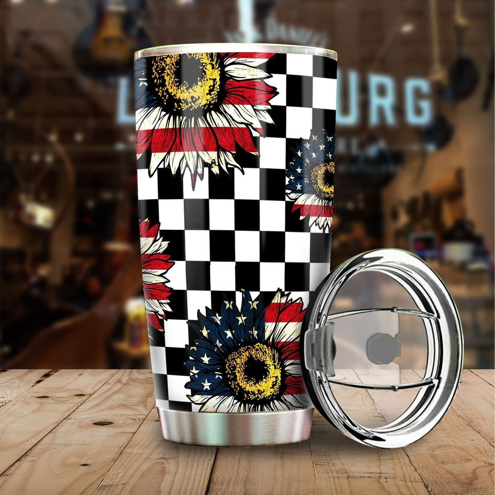 American Flag Sunflower Tumbler Stainless Steel Checkerboard - Gearcarcover - 1