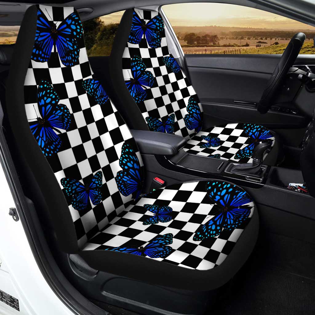 Blue Butterfly Checkerboard Car Seat Covers Custom Car Accessories - Gearcarcover - 2