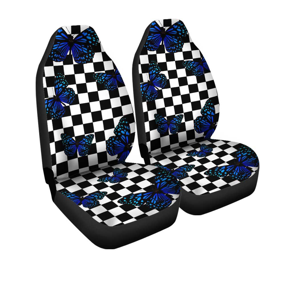 Blue Butterfly Checkerboard Car Seat Covers Custom Car Accessories - Gearcarcover - 3
