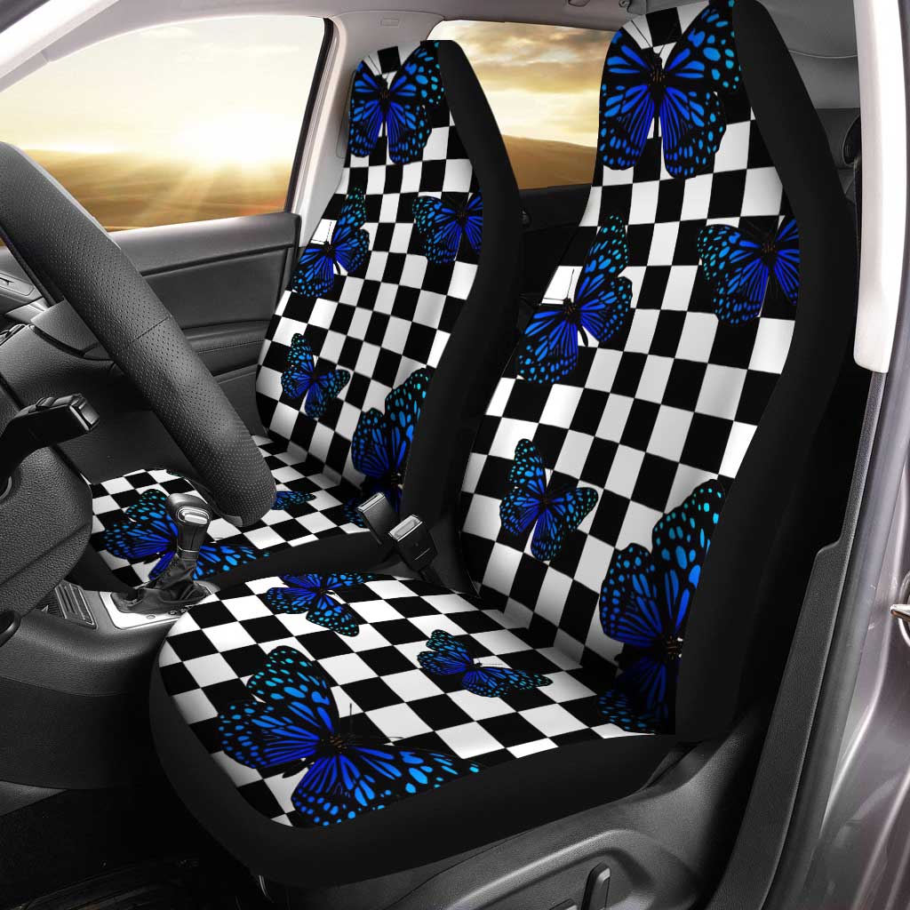 Blue Butterfly Checkerboard Car Seat Covers Custom Car Accessories - Gearcarcover - 1
