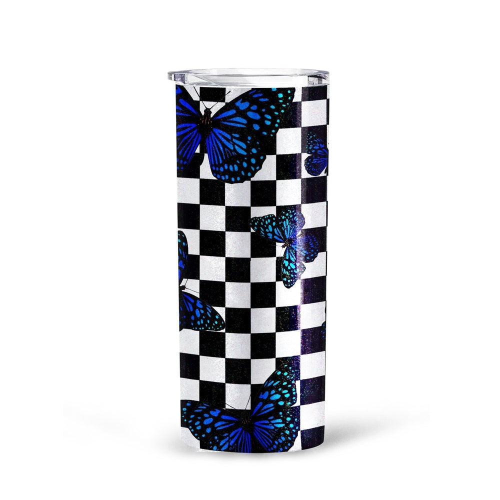 Blue Butterfly Checkerboard Tall Glitter Tumbler Cup Custom - Gearcarcover - 3