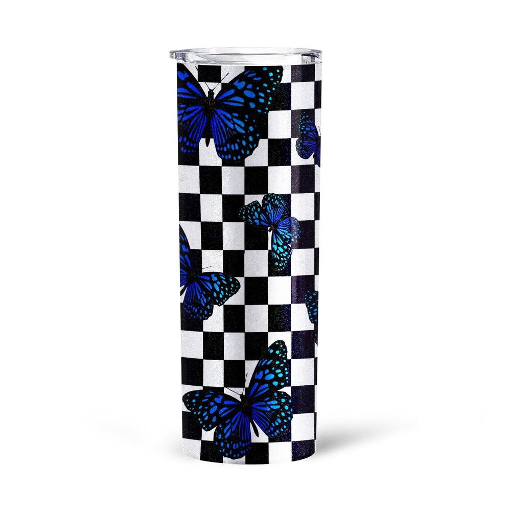 Blue Butterfly Checkerboard Tall Glitter Tumbler Cup Custom - Gearcarcover - 4