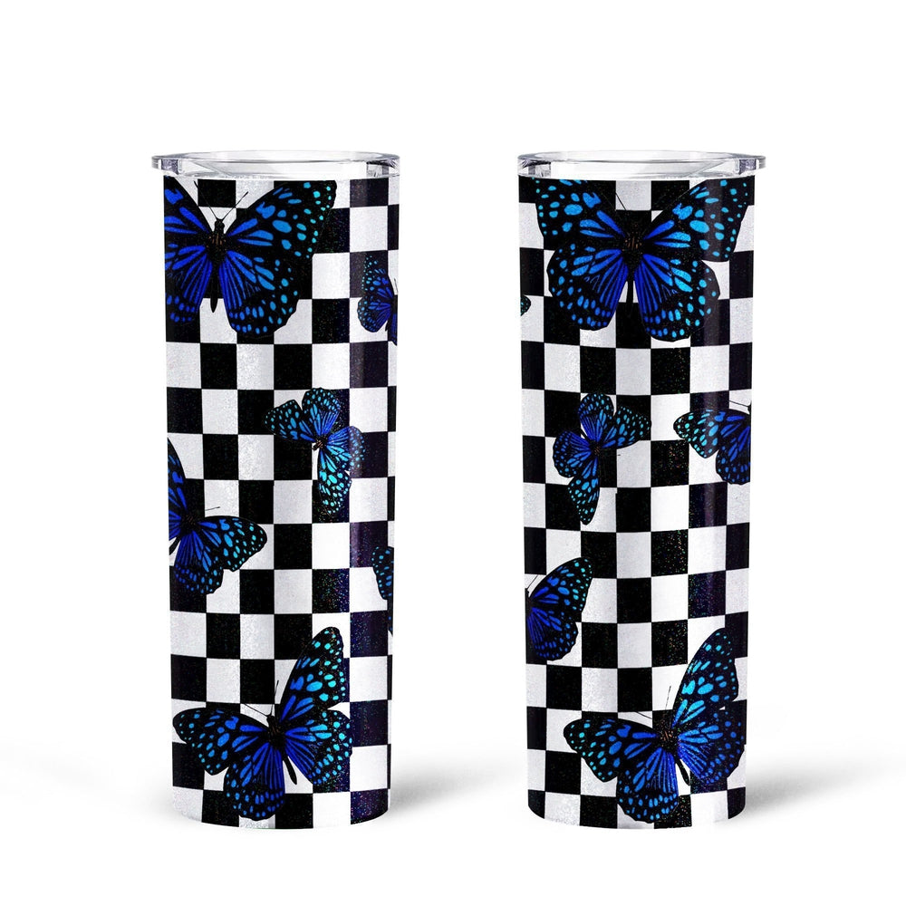 Blue Butterfly Checkerboard Tall Glitter Tumbler Cup Custom - Gearcarcover - 2