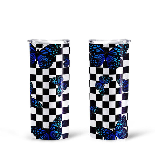 Blue Butterfly Checkerboard Tall Glitter Tumbler Cup Custom - Gearcarcover - 1