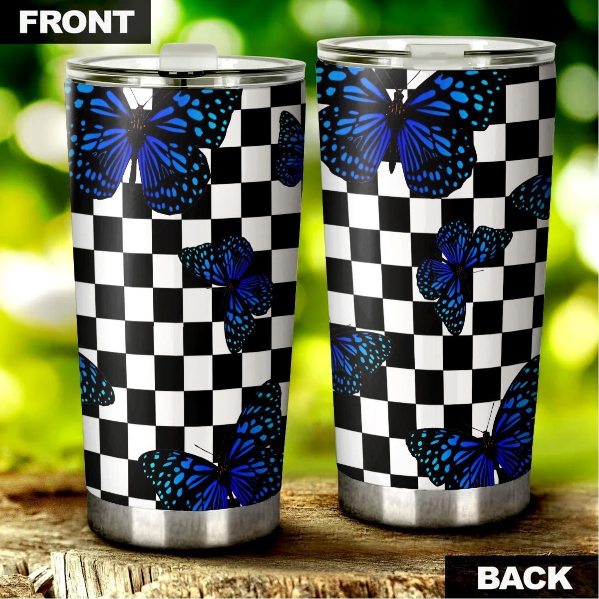 Blue Butterfly Checkerboard Tumbler Cup Custom - Gearcarcover - 2