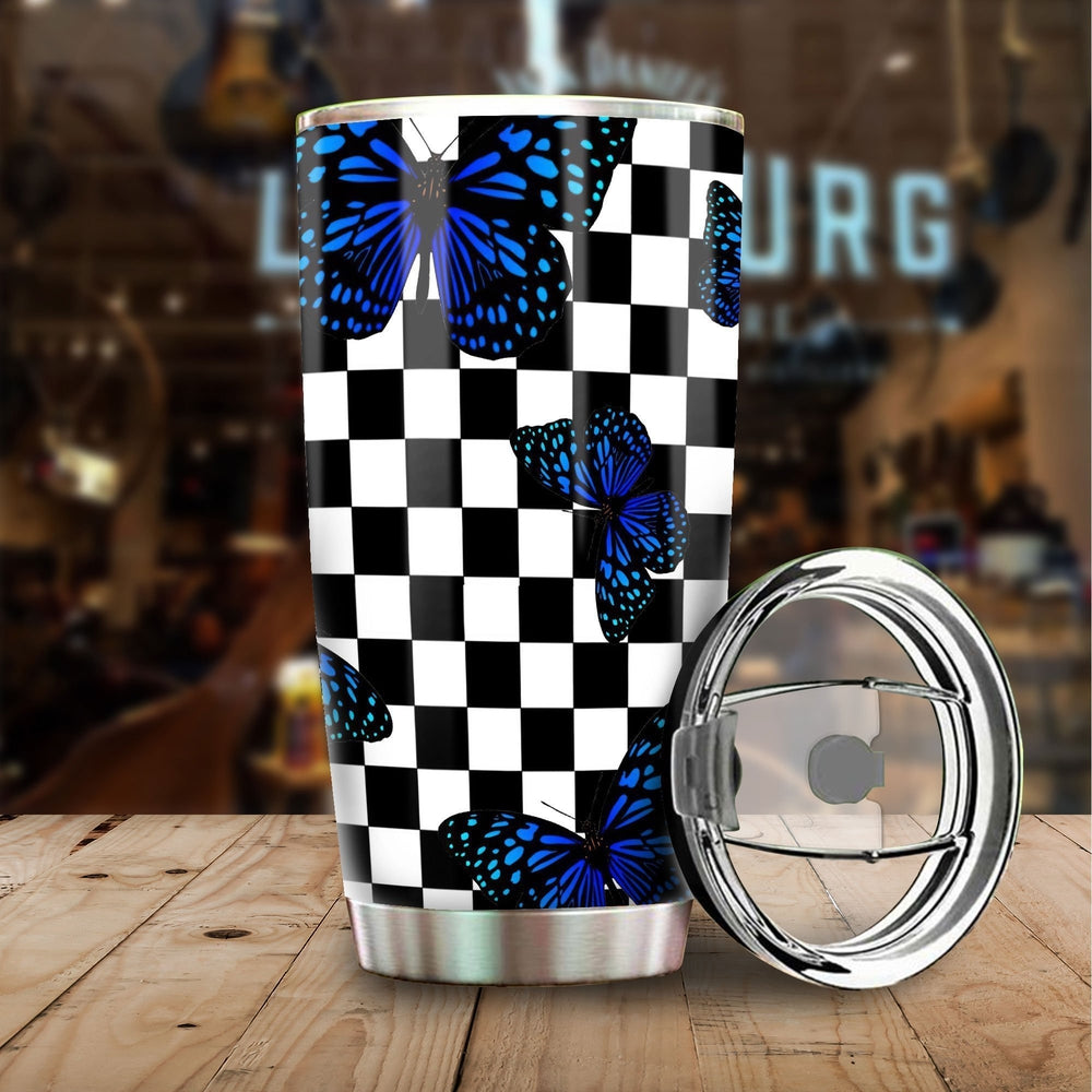 Blue Butterfly Checkerboard Tumbler Cup Custom - Gearcarcover - 1