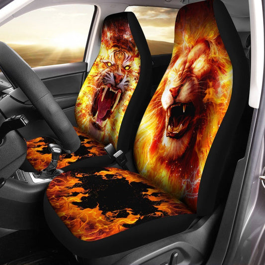 Burning Lion And Tiger Car Seat Covers Custom Cool Car Interior Accessories - Gearcarcover - 2