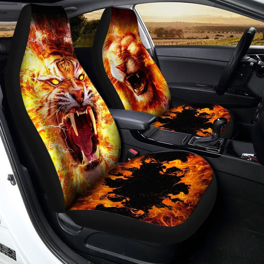 Burning Lion And Tiger Car Seat Covers Custom Cool Car Interior Accessories - Gearcarcover - 1