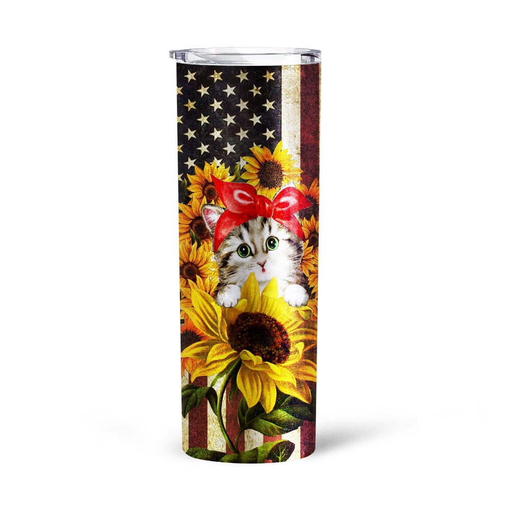 Cat Sunflower Tall Glitter Tumbler Custom American Flag - Gearcarcover - 4