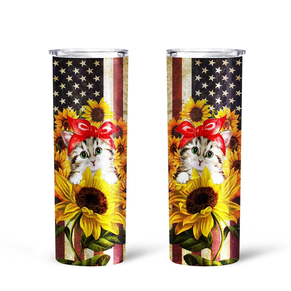 Cat Sunflower Tall Glitter Tumbler Custom American Flag - Gearcarcover - 5