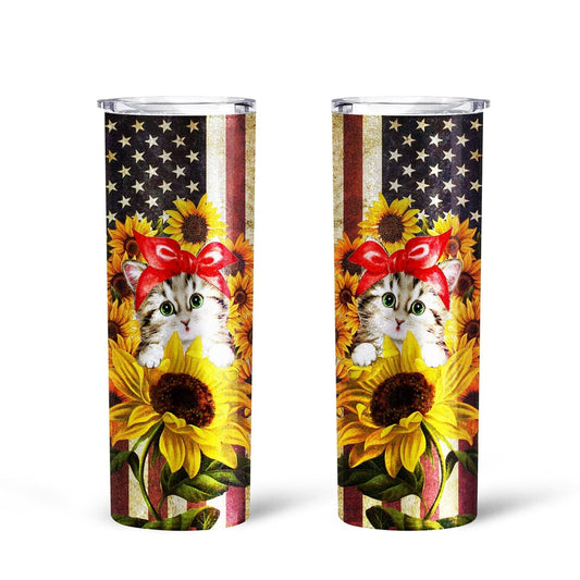 Cat Sunflower Tall Glitter Tumbler Custom American Flag - Gearcarcover - 2