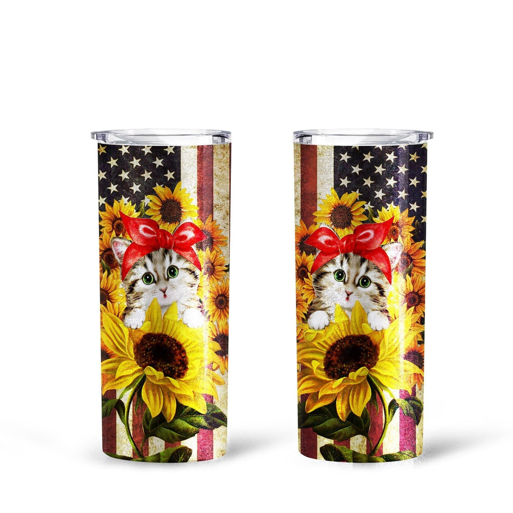 Cat Sunflower Tall Glitter Tumbler Custom American Flag - Gearcarcover - 1