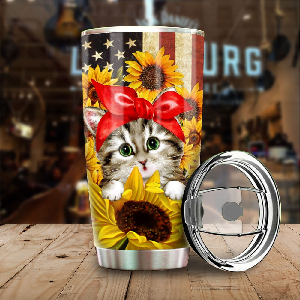 Cat Sunflower Tumbler Stainless Steel Custom American Flag - Gearcarcover - 1