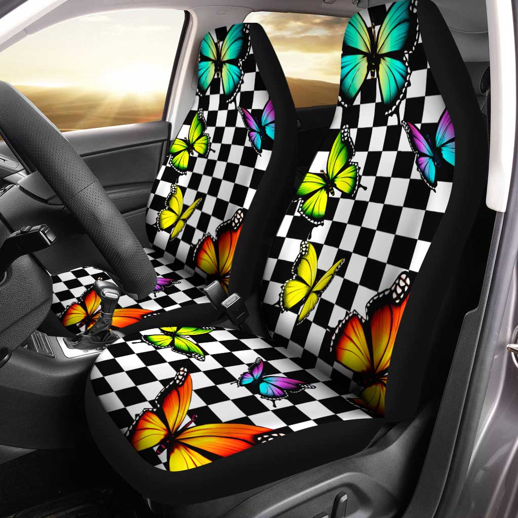 Checkerboard Butterfly Car Seat Covers Custom Colorful Car Accessories - Gearcarcover - 1