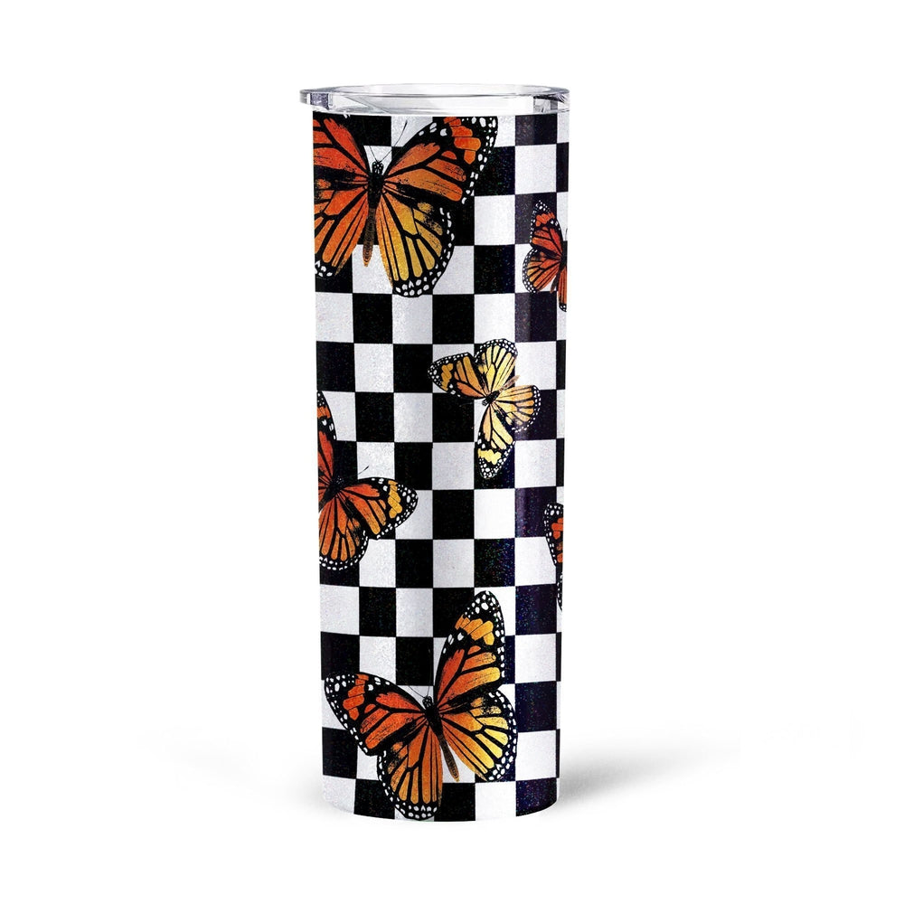 Checkerboard Butterfly Tall Glitter Tumbler Custom Pattern Car Accessories - Gearcarcover - 4