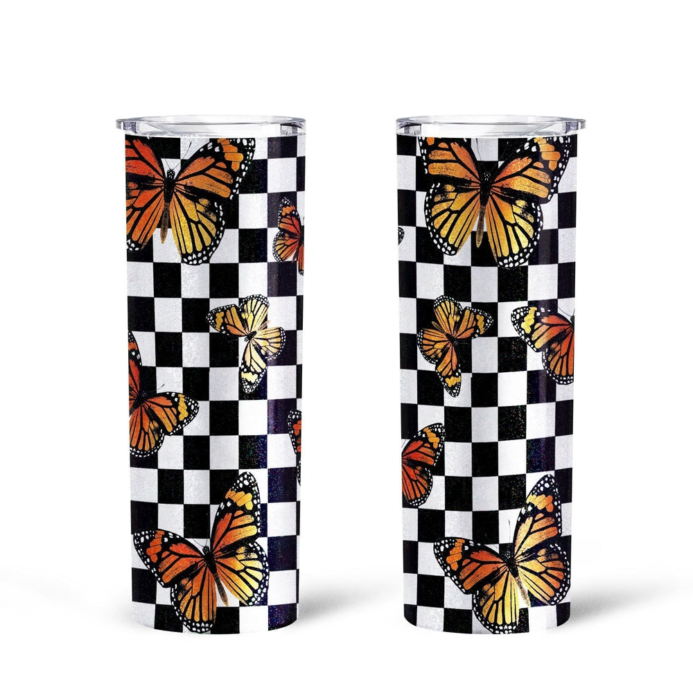 Checkerboard Butterfly Tall Glitter Tumbler Custom Pattern Car Accessories - Gearcarcover - 2