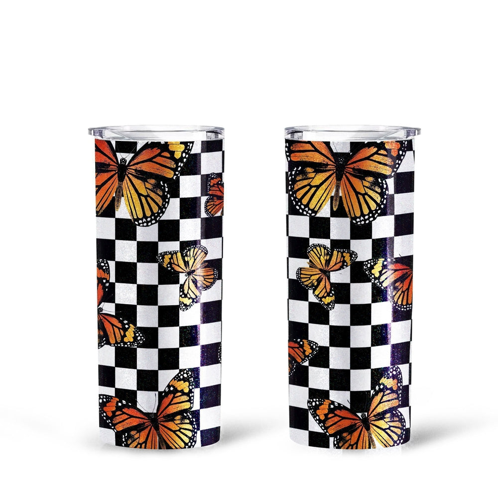 Checkerboard Butterfly Tall Glitter Tumbler Custom Pattern Car Accessories - Gearcarcover - 1