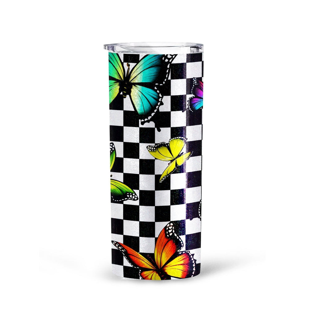 Checkerboard Butterfly Tall Glitter Tumbler Custom Pattern - Gearcarcover - 3