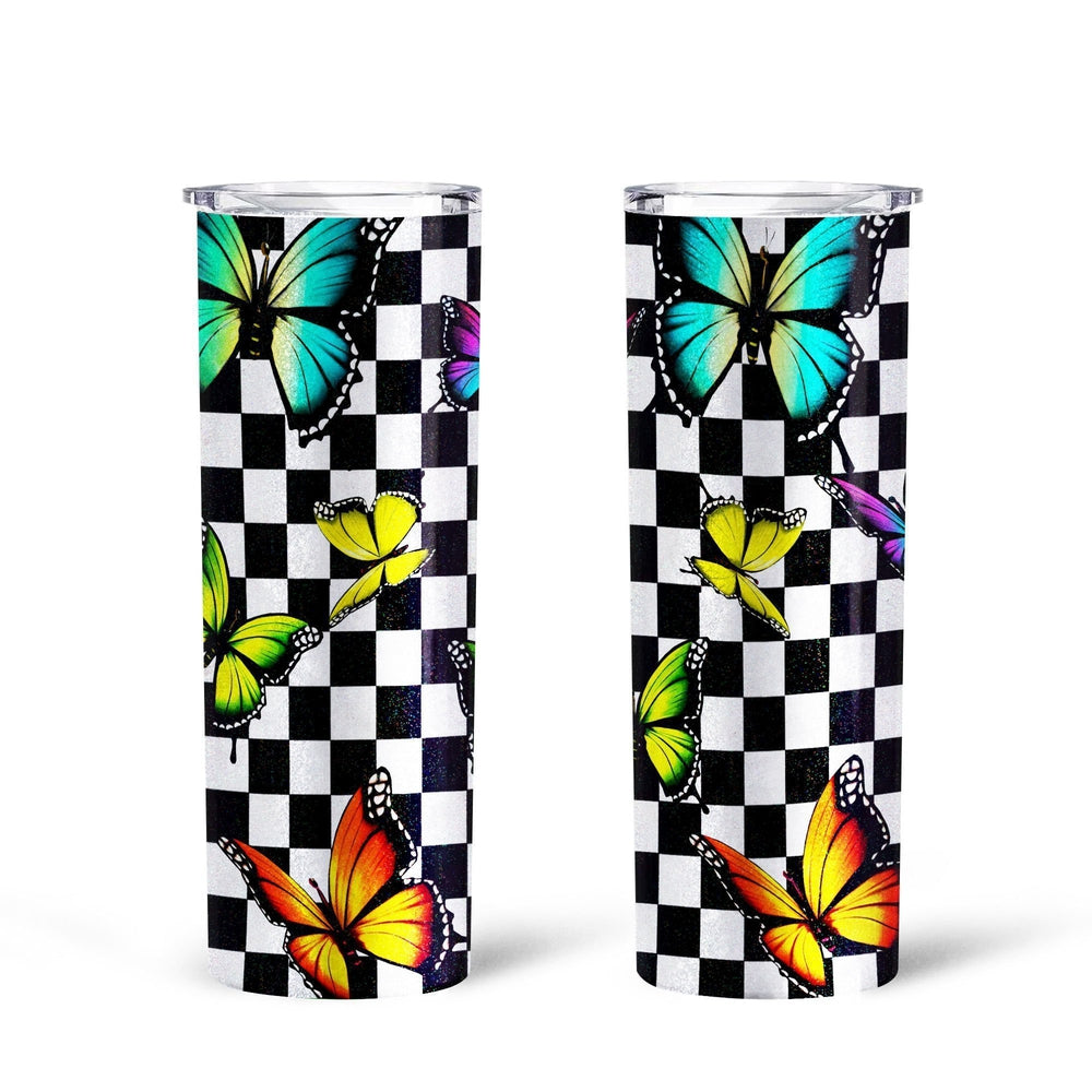 Checkerboard Butterfly Tall Glitter Tumbler Custom Pattern - Gearcarcover - 2