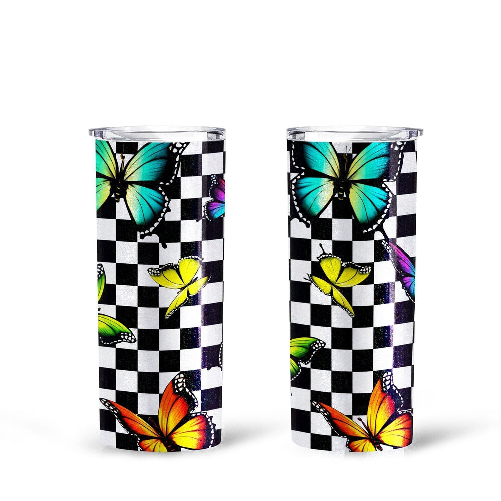 Checkerboard Butterfly Tall Glitter Tumbler Custom Pattern - Gearcarcover - 1